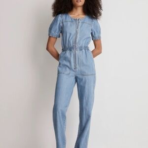 Denim Puff-Sleeve Zip-Up Coverall in Milburn Wash